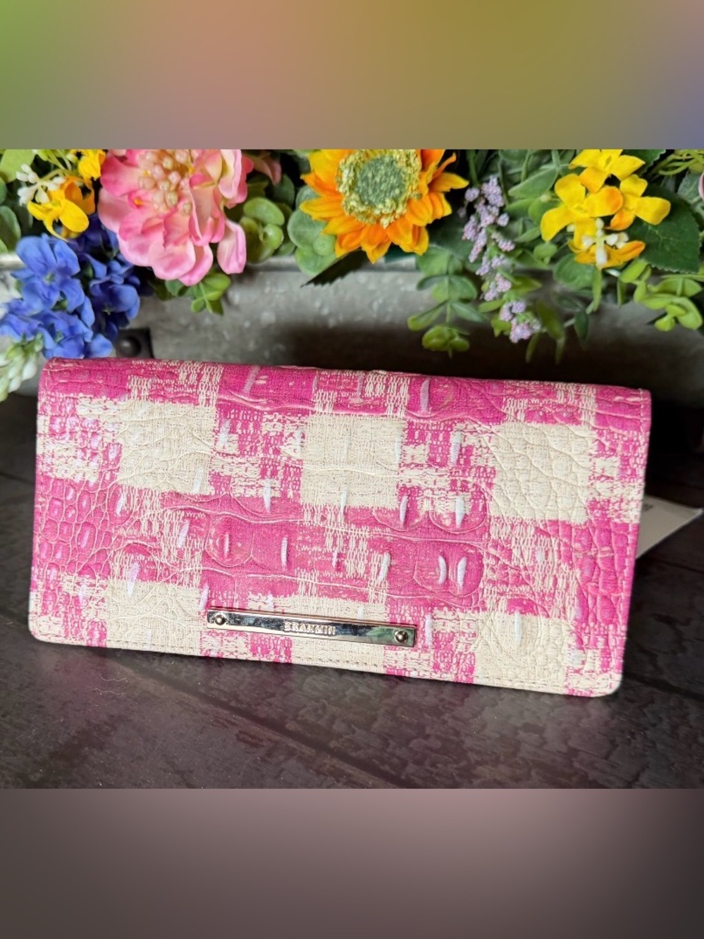 Brahmin Ady Wallet Empower Sakura Genuine Leather NWT pink  plaid houndstooth - Picture 5 of 8